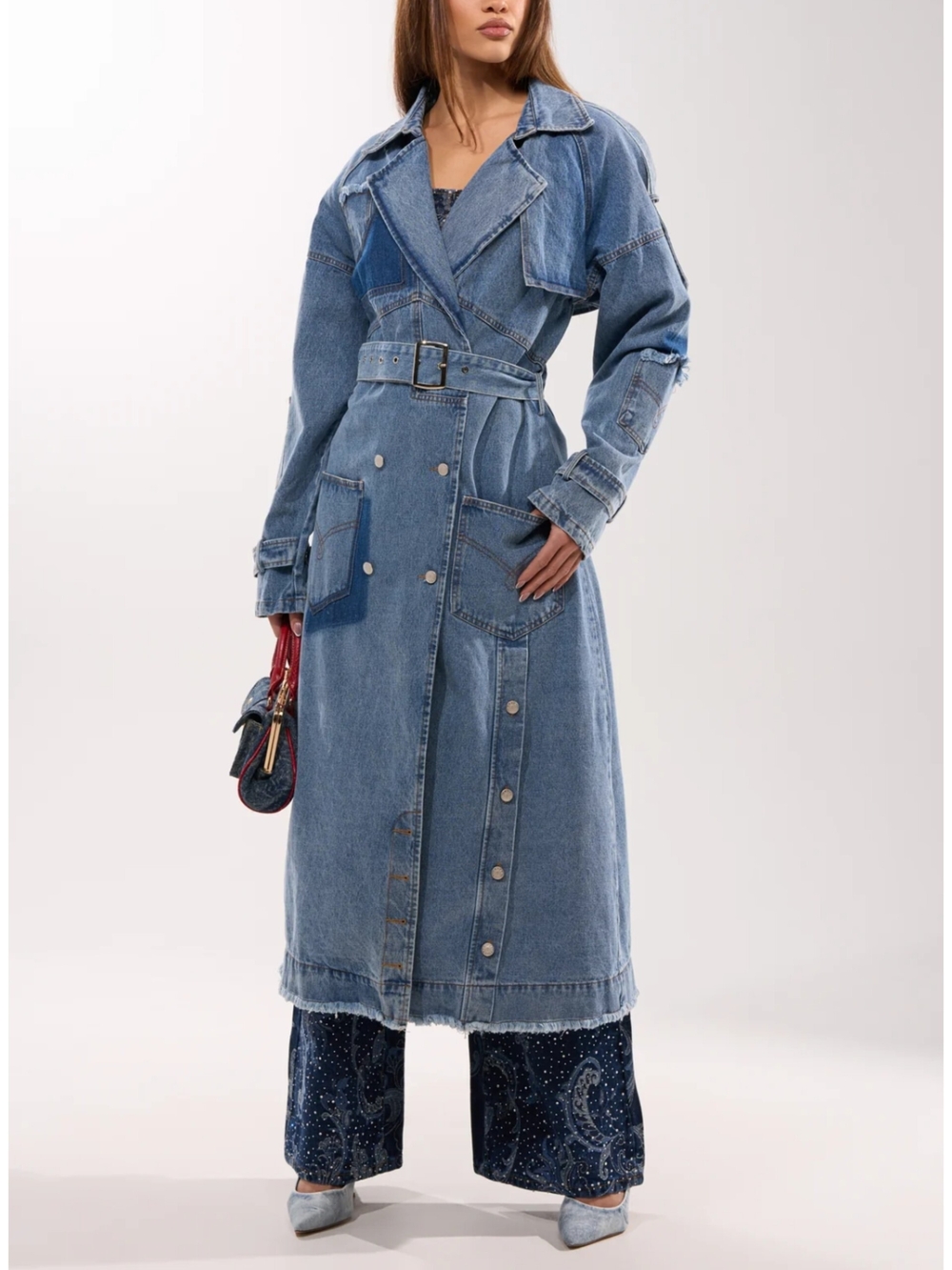 Akira Denim Patchwork Trench Coat - Blue